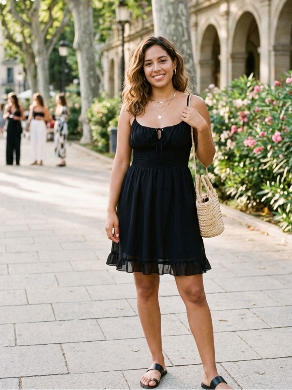 Aritzia Wilfred Black Smocked Mini Dress with Ruffle Hem Size M
